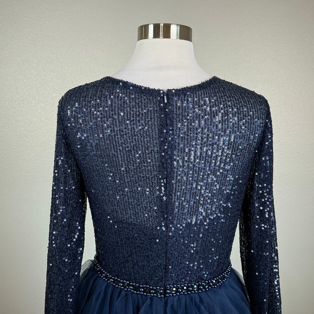 Mac Duggal 26299 Blue Cocktail Dress Sequined Tulle Long Sleeve A-Line Size 14 - Picture 9 of 11